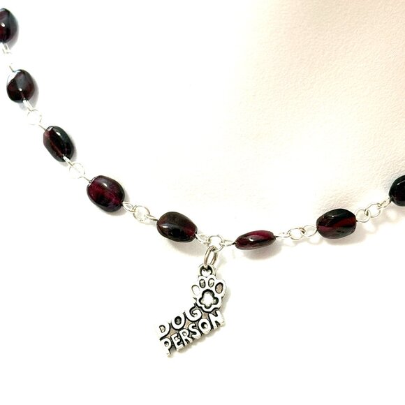 Genuine Garnet Short Necklace, Natural Gemstone w/ Dog Person Paw Print Pendant - Picture 1 of 15